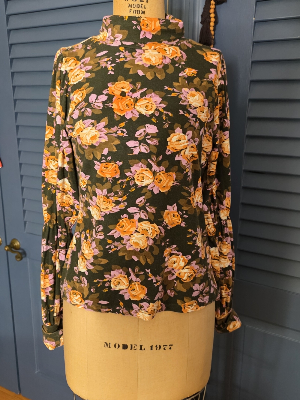 Anthropologie Olive Mock Neck Long Sleeve Top with Orange & Pink Floral Print